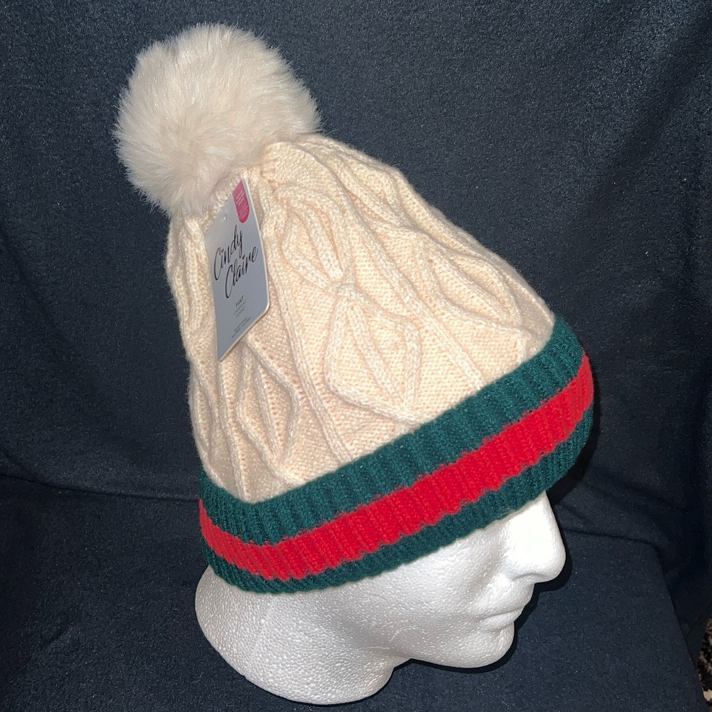NWT Cream Knitted Faux Fur Lined red & green stripe beanie with Pom Pom